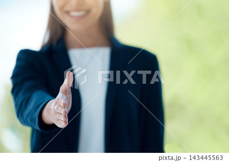Business, woman and hand shake for greeting gesture in office, hello and thank you for interview introduction. Partnership, agreement and deal promotion, meeting and trust collaboration or onboarding Business, woman and hand shake for greeting gesture in office, hello and thank you for interview introduction. Partnership, agreement and deal promotion, meeting and trust collaboration or onboarding 143445563