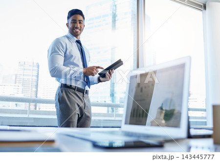 Email, social media and portrait of businessman with tablet for marketing website, web communication and networking. Digital analytics, smile and trading employee with tech for planning or strategy 143445777