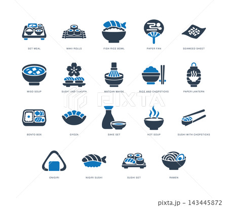 Japanese food icon set in flat blue and gray glyph style Japanese food icon set in flat blue and gray glyph style 143445872