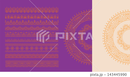 Beige and purple Diwali backgrounds with decorative mandala corner frame and floral borders. Golden Beige and purple Diwali backgrounds with decorative mandala corner frame and floral borders. Golden 143445990