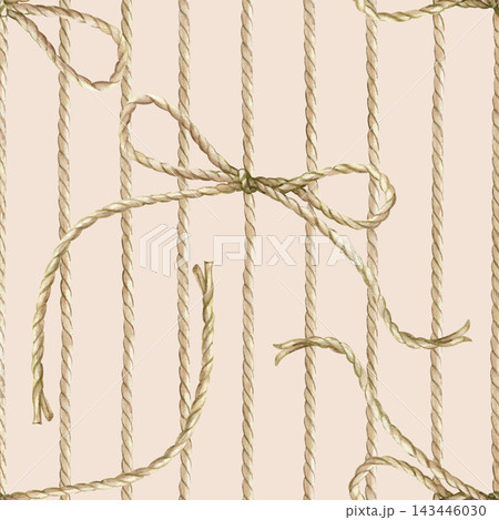 Seamless pattern with vertical ropes and a tied bow knot in beige tones. Watercolor illustration on a beige background for nautical themes, gift wrapping paper, textile prints, wallpapers, packaging 143446030