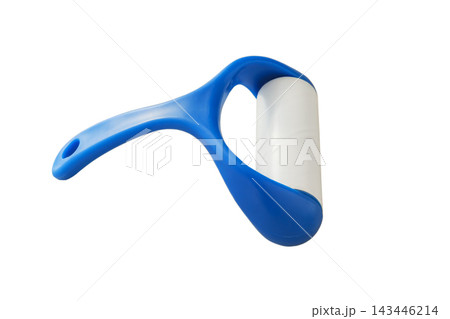Lint roller for removing pet hair from clothes, with a blue plastic handle. Isolated on a white background. Reusable lint roller. Cleaning tool. Top view. 143446214