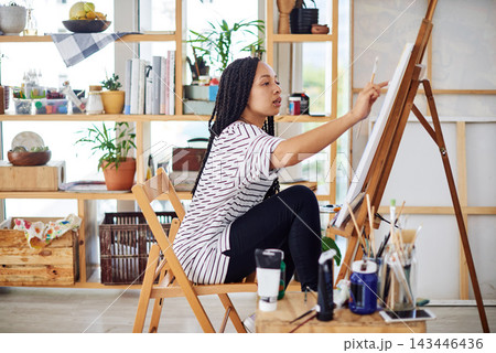 Painting, student and girl in class at college thinking with inspiration for project on canvas. Creative, woman and painter learning with talent for art, color and skill for watercolor in school 143446436