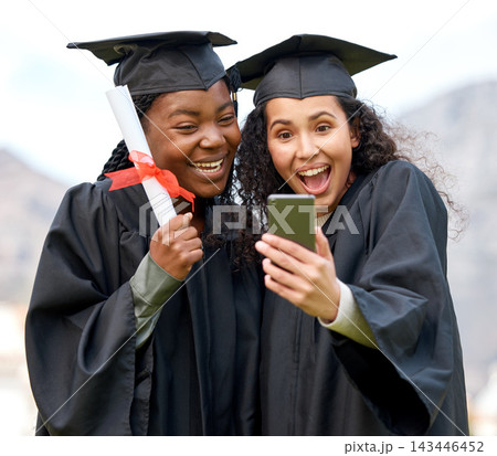 Woman, friends and smile with selfie for graduation on campus on celebration, success and completion for qualification. Memories, university and happy classmate with excitement or joy for certificate 143446452