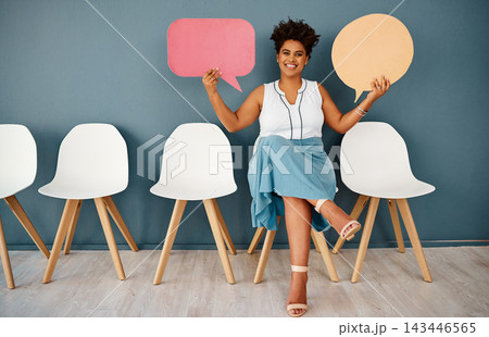 Woman, portrait with speech bubble and wall background, interview and waiting room for appointment. Feedback, opportunity or recruitment in modern office workplace, FAQ and Human resource candidate 143446565