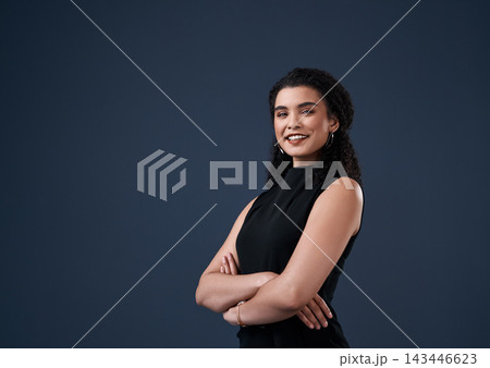 Studio background, business woman and portrait with pride, creative and employee with ideas for journalism. Professional, career and female journalist with arms crossed, article goals or mockup Studio background, business woman and portrait with pride, creative and employee with ideas for journalism. Professional, career and female journalist with arms crossed, article goals or mockup 143446623