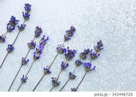 Lavender flowers arranged in a line on a textured surface during daylight 143446728