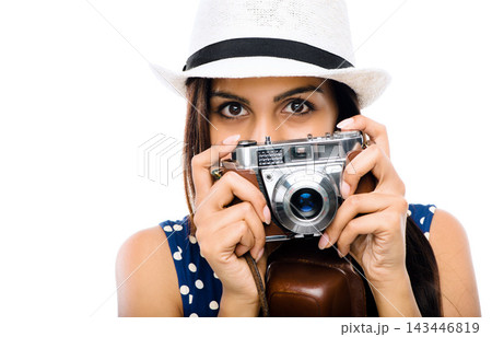 Digital camera, woman or paparazzi in portrait taking picture on studio white background for creative artist or hobby. Female person, image tech and photography against isolated backdrop for memories 143446819