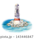 Composition with coastal lighthouse on rocky island in ocean water hand painted with watercolor on a isolated background 143446847