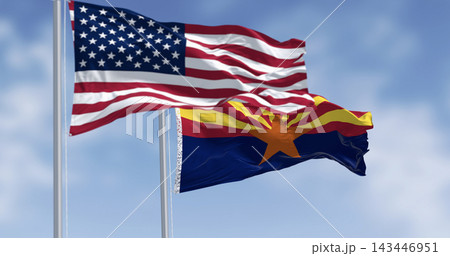Flags of Arizona and United States waving in the wind on a clear day Flags of Arizona and United States waving in the wind on a clear day 143446951