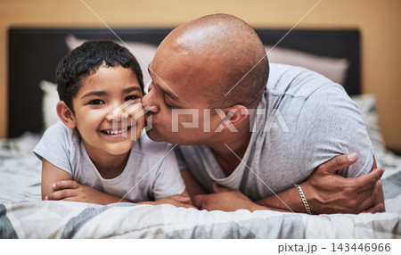 Father, son and kiss on cheek with love in bedroom for bonding with smile, home and family for development. Caring, parent and trust with role model in house for nurturing with positive reinforcement Father, son and kiss on cheek with love in bedroom for bonding with smile, home and family for development. Caring, parent and trust with role model in house for nurturing with positive reinforcement 143446966