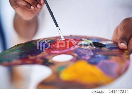 Creative, brush and palette for art, painting and artist with color, house and mixing with tools. Home, talent and person with watercolor, inspiration and painter in apartment, hobby and hands Creative, brush and palette for art, painting and artist with color, house and mixing with tools. Home, talent and person with watercolor, inspiration and painter in apartment, hobby and hands 143447254