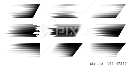 Dynamic speed lines create fast horizontal motion effect. Comic book manga pattern with sharp streaks. Black and white graphic design element for action scenes. 143447385
