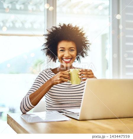 Happy, woman and portrait for remote work on laptop with paperwork, coffee and information for project as developer. Smile, female person and notebook, email and schedule for company proposal 143447559