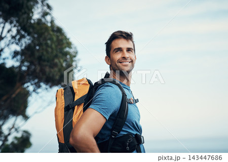 Man, backpack and thinking in outdoor nature for wilderness experience, exploration and solitude for stress relief or mental health. Guy, forest and hiking in woods for adventure or physical exercise Man, backpack and thinking in outdoor nature for wilderness experience, exploration and solitude for stress relief or mental health. Guy, forest and hiking in woods for adventure or physical exercise 143447686