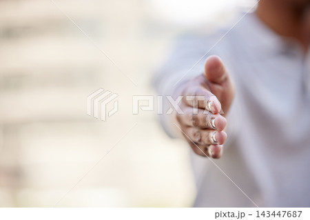 Business, handshake and man alone for interview or hiring, company onboarding with thank you. Male person, palm and welcome for human resources, recruitment with introduction at corporate company Business, handshake and man alone for interview or hiring, company onboarding with thank you. Male person, palm and welcome for human resources, recruitment with introduction at corporate company 143447687