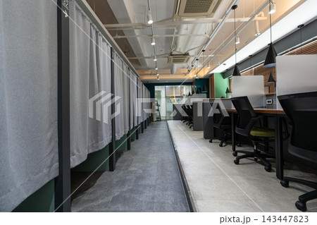Modern Quiet Study Cafe Interior with Private Desks and Partitions Modern Quiet Study Cafe Interior with Private Desks and Partitions 143447823