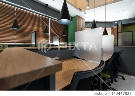 Modern Quiet Study Cafe Interior with Private Desks and Partitions Modern Quiet Study Cafe Interior with Private Desks and Partitions 143447827