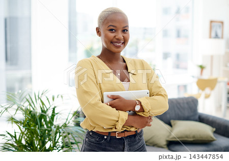 Black woman, smile and portrait with tablet for business, website developer with satisfaction in office. Female coder, ebook and happy with technology for online app, confidence in New York City Black woman, smile and portrait with tablet for business, website developer with satisfaction in office. Female coder, ebook and happy with technology for online app, confidence in New York City 143447854