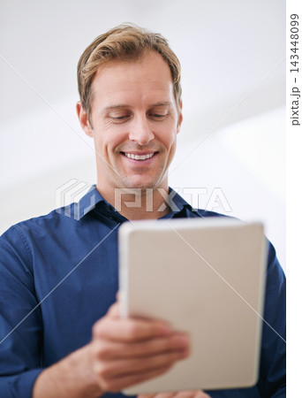 Tablet, businessman and typing for communication and online, digital or email in office. Technology, touchscreen and internet search for attorney person, research or website for networking with smile Tablet, businessman and typing for communication and online, digital or email in office. Technology, touchscreen and internet search for attorney person, research or website for networking with smile 143448099