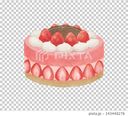 A watercolor illustration of a birthday cake topped with strawberries. 143448276