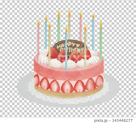 Watercolor illustration of a birthday cake topped with strawberries Watercolor illustration of a birthday cake topped with strawberries 143448277