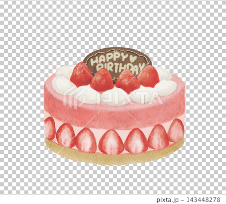 Watercolor illustration of a birthday cake topped with strawberries Watercolor illustration of a birthday cake topped with strawberries 143448278