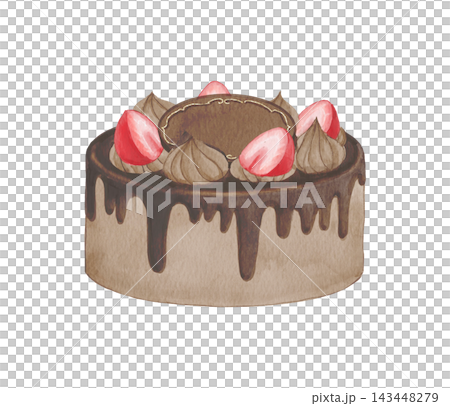 A watercolor illustration of a chocolate cake topped with strawberries. A watercolor illustration of a chocolate cake topped with strawberries. 143448279