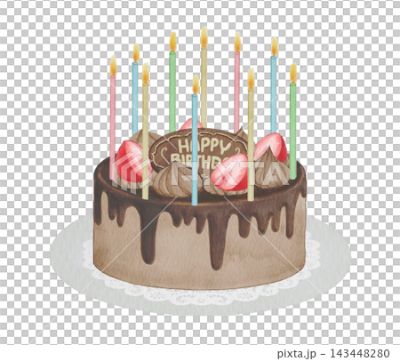 A watercolor illustration of a chocolate birthday cake topped with strawberries. A watercolor illustration of a chocolate birthday cake topped with strawberries. 143448280