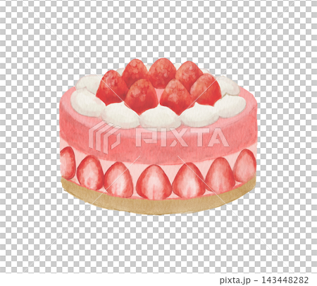 Watercolor illustration of a decorated cake topped with strawberries Watercolor illustration of a decorated cake topped with strawberries 143448282