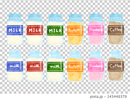 手描き アナログ 水彩 レトロ 牛乳瓶 イラストセット ミルク デフォルメ 素材 手描き アナログ 水彩 レトロ 牛乳瓶 イラストセット ミルク デフォルメ 素材 143448379