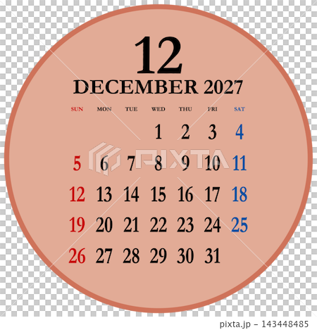Circular calendar for December 2027, starting on Sunday. 143448485