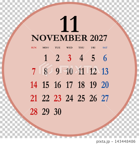 Circular calendar for November 2027, starting on Sunday. 143448486