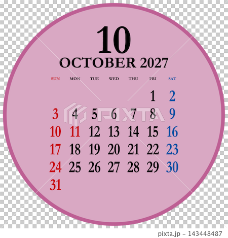 Circular calendar for October 2027, starting on Sunday. 143448487