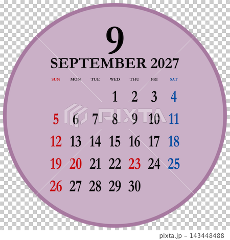 Circular calendar for September 2027, Sunday start. 143448488