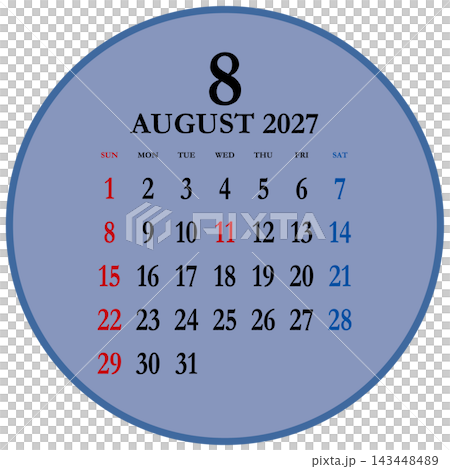 Circular calendar for August 2027, Sunday start. 143448489