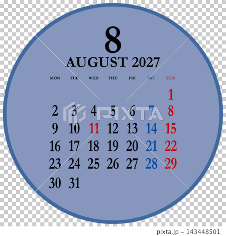 Circular calendar for August 2027, Monday start. Circular calendar for August 2027, Monday start. 143448501