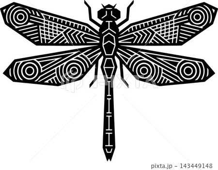 Detailed dragonfly illustration features geometric patterns and a white background Detailed dragonfly illustration features geometric patterns and a white background 143449148