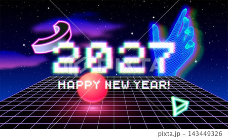 Pixel 2027 Happy New Year greeting with neon hand symbols and grid Pixel 2027 Happy New Year greeting with neon hand symbols and grid 143449326