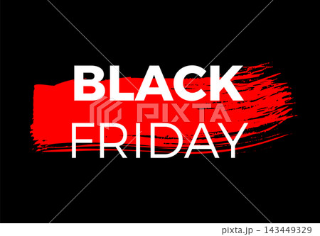 Bold Black Friday typography with sweeping red brush stroke on black background 143449329