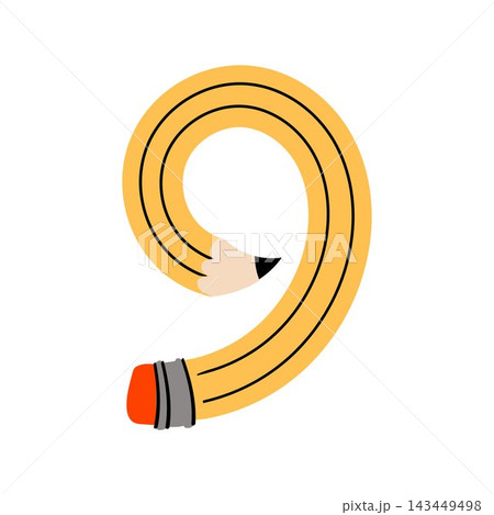 Yellow pencil shaped into number 9. Fun numeral nine, perfect for educational cards, stationery, children's learning materials. Yellow pencil shaped into number 9. Fun numeral nine, perfect for educational cards, stationery, children's learning materials. 143449498