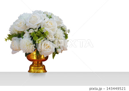 front view white roses and white flower and green leaves on golden phan on grey floor, white wall background, fruit, food, fresh, object, copy space front view white roses and white flower and green leaves on golden phan on grey floor, white wall background, fruit, food, fresh, object, copy space 143449521