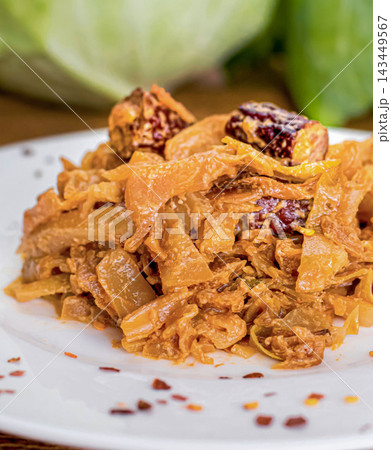 Close up of homemade braised cabbage with sausages Close up of homemade braised cabbage with sausages 143449567