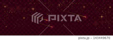 Starry night transparent. Golden dust and falling asteroids on dark red background. Sky Vector illustration. 143449670