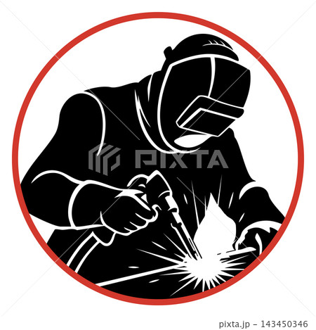 Silhouette of a welder in a protective mask with bright sparks 143450346