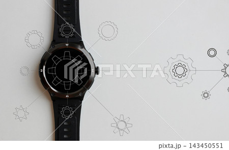 Contours of Transparent Gears Connected Between Each Other on Black Digital Watch and white Copy Space Contours of Transparent Gears Connected Between Each Other on Black Digital Watch and white Copy Space 143450551