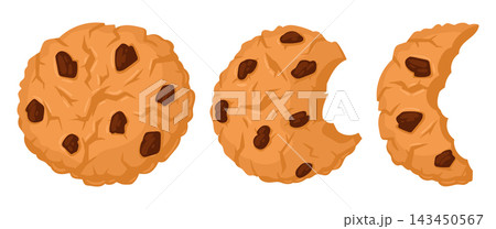 Chocolate cookies. Whole and bitten chocolate chip cookies with scattered crumbs flat vector illustration set. Bakery snack collection 143450567