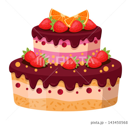 Chocolate strawberry cake. Layered sponge cake with cream, chocolate glaze, strawberries and citrus slices flat vector illustration. Festive dessert for bakery design Chocolate strawberry cake. Layered sponge cake with cream, chocolate glaze, strawberries and citrus slices flat vector illustration. Festive dessert for bakery design 143450568