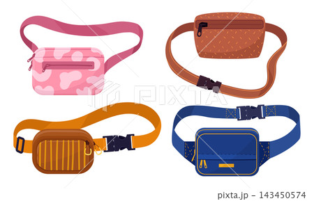 Everyday belt bags. Compact waist packs with adjustable straps and practical zip compartments flat vector illustration set. Travel and casual fashion accessories 143450574