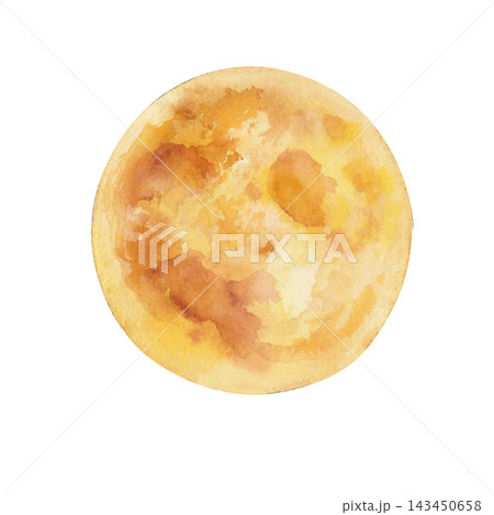Golden Full Moon Watercolor Painting with Warm Yellow Orange Lunar Texture Isolated on White Background for Celestial Design Golden Full Moon Watercolor Painting with Warm Yellow Orange Lunar Texture Isolated on White Background for Celestial Design 143450658
